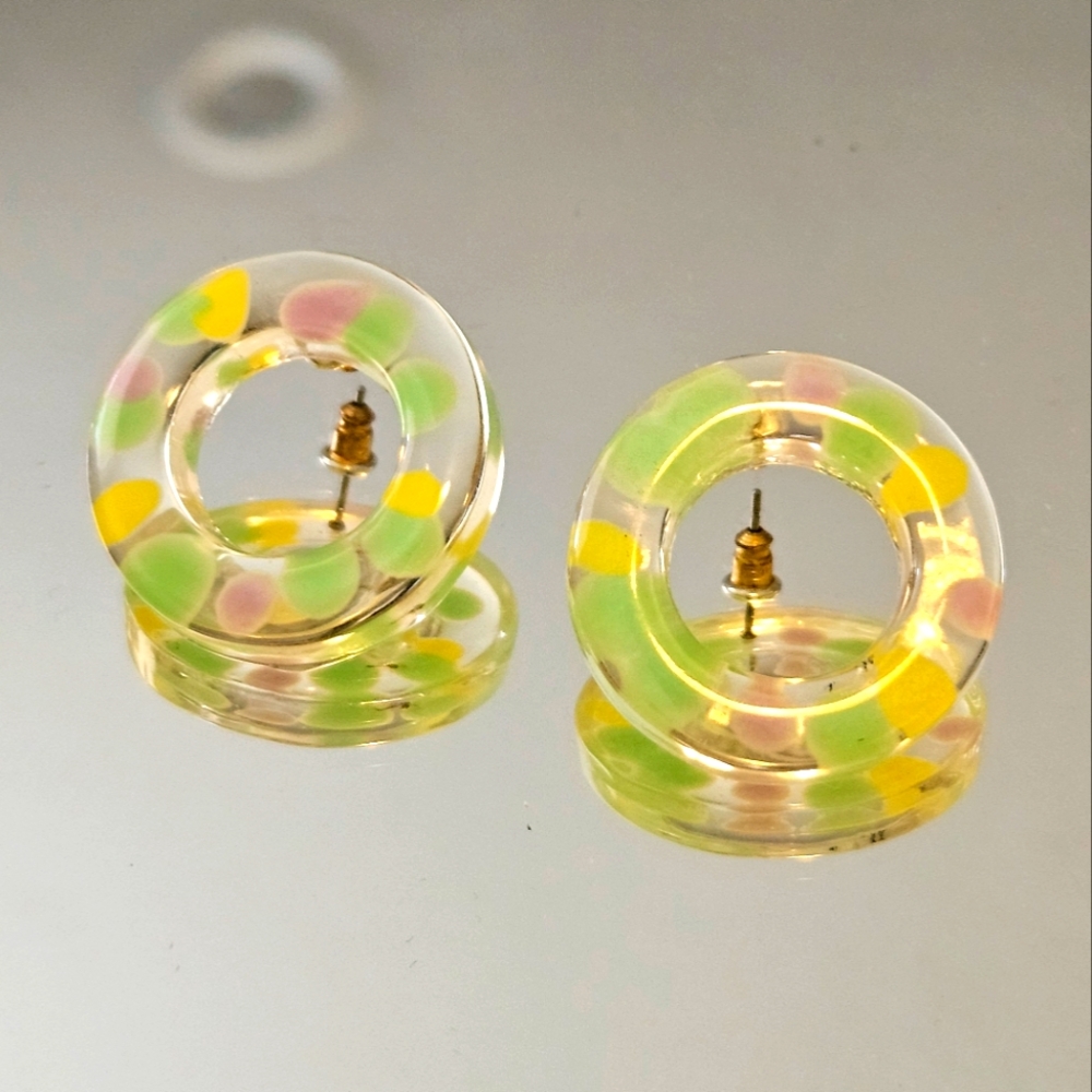 Confetti Lucite Earrings In Pastels Purple, Green, And Yellow